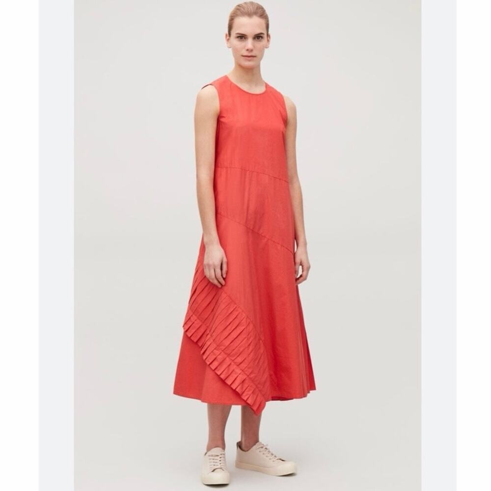COS A-Line Pleated Drape Midi Dress Coral Red Size 2 Sleeveless Asymmetrical